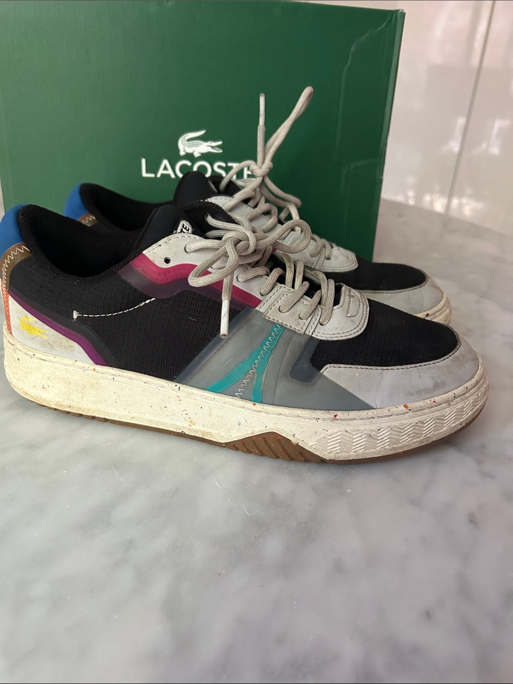 Lacoste Black & Gray Low-Top Sneakers with Teal and Purple Accents